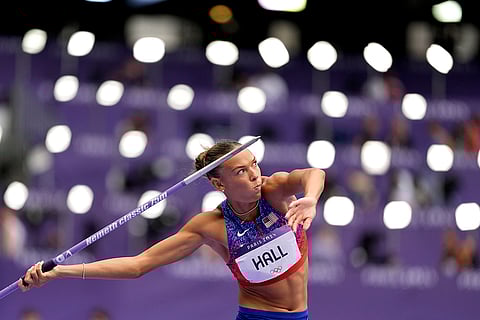 Anna Hall, of the United States, throws in the women's heptathlon javelin